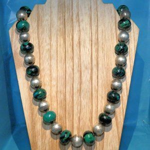 Vintage Necklace Chrysocolla? Stone & Silver Tone Beads HEAVY .50 LBS HALF POUND